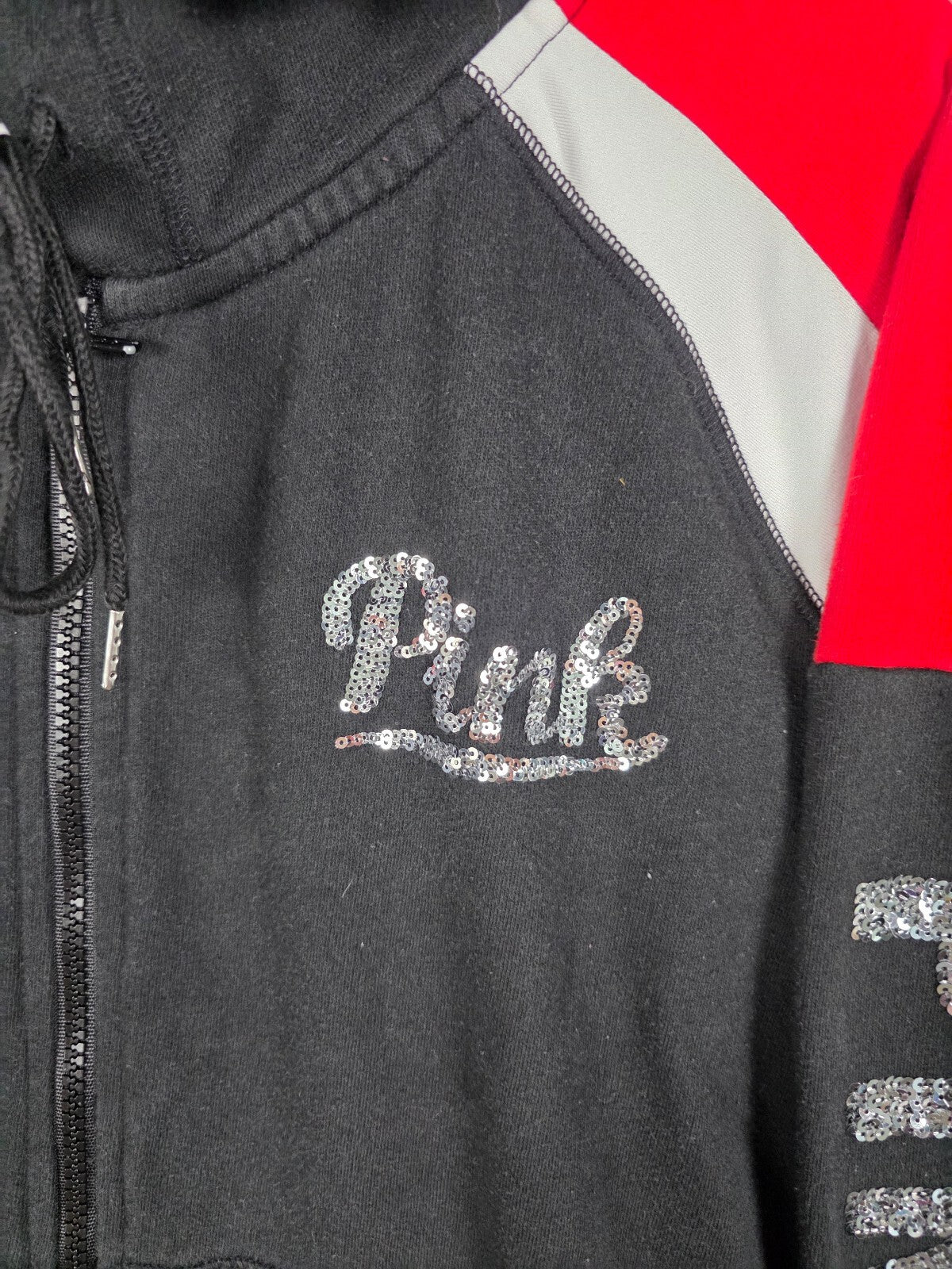 Victorias Secret Pink Black Bling Full Zip Hoodie Jacket Logo sequined Large