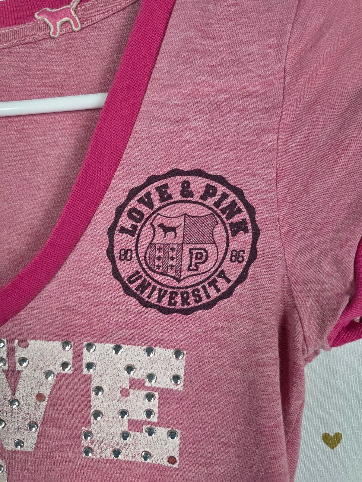 Victorias Secret PINK Vintage Bling Studded Y2k V neck Tee shirt XS