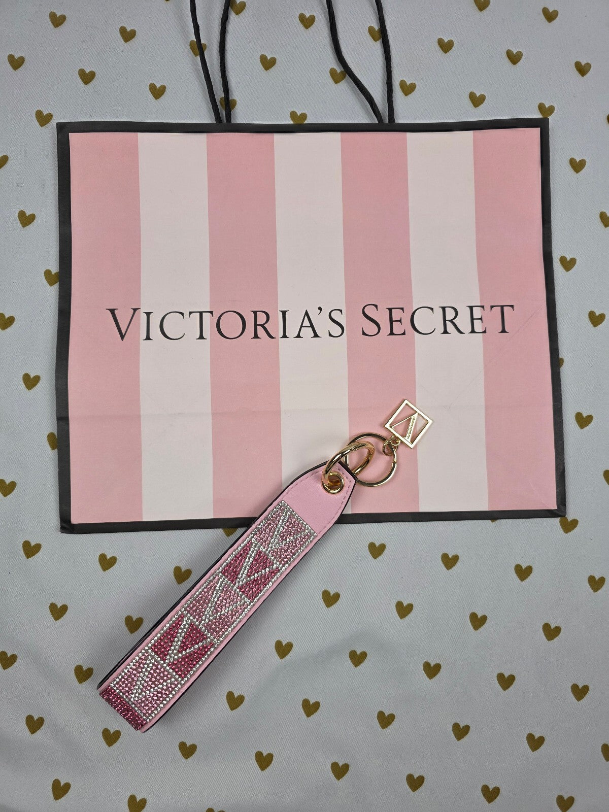 Victoria Secret BLING wristlet strap keychain Rhinestone Handle V Logo Studded