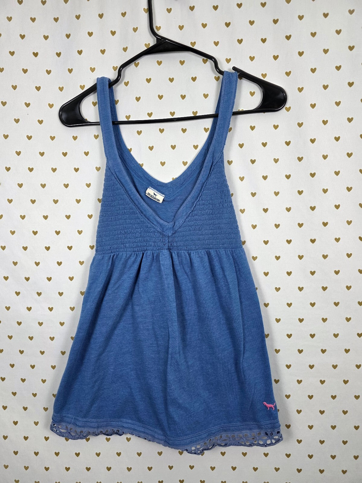Vintage Victoria's Secret PINK Blue Smocked Babydoll Tank Top Eyelet Trim M