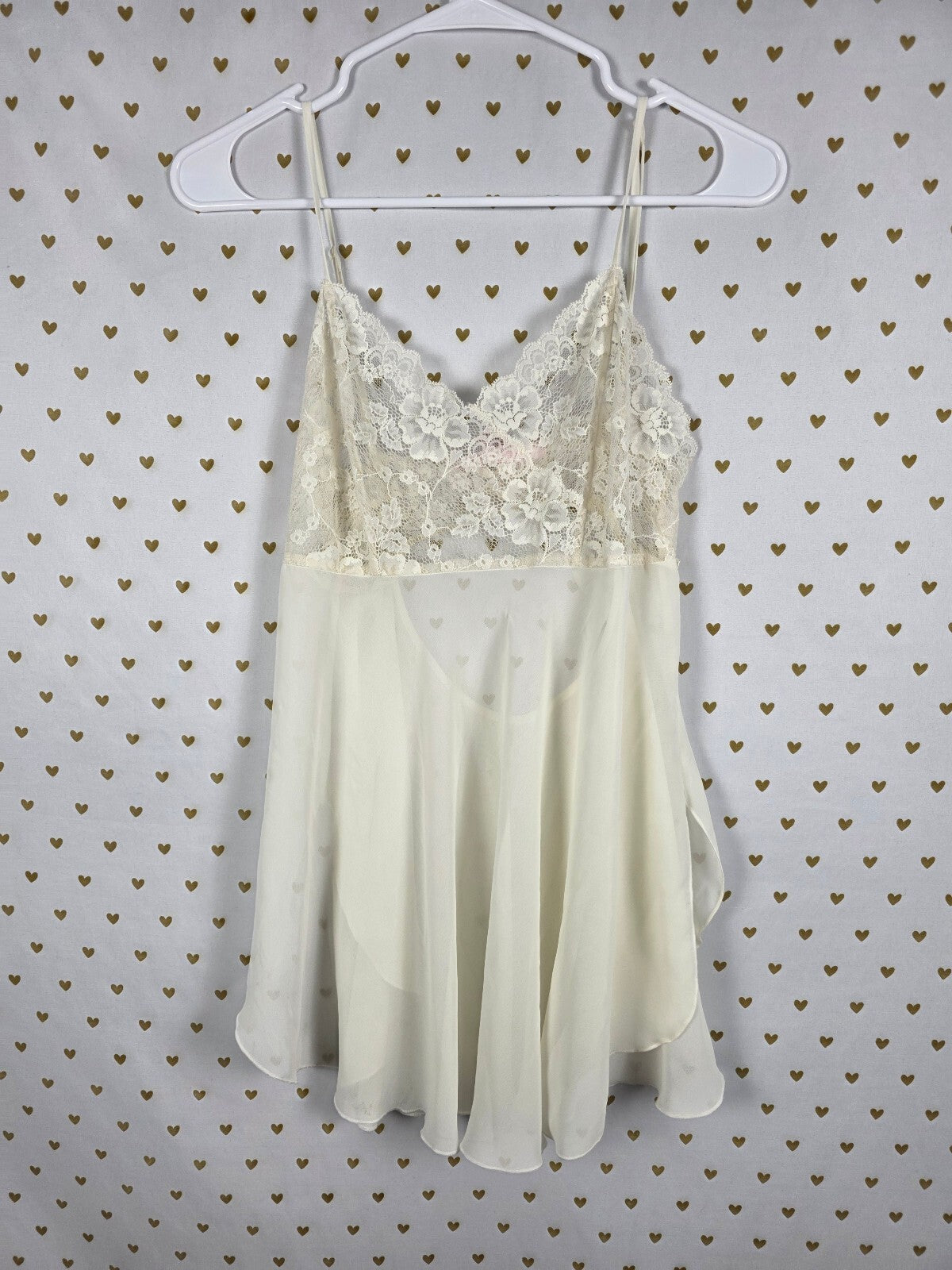 Vintage 1999 Victoria's Secret Ivory Lace Open Back Babydoll Chemise M Y2K