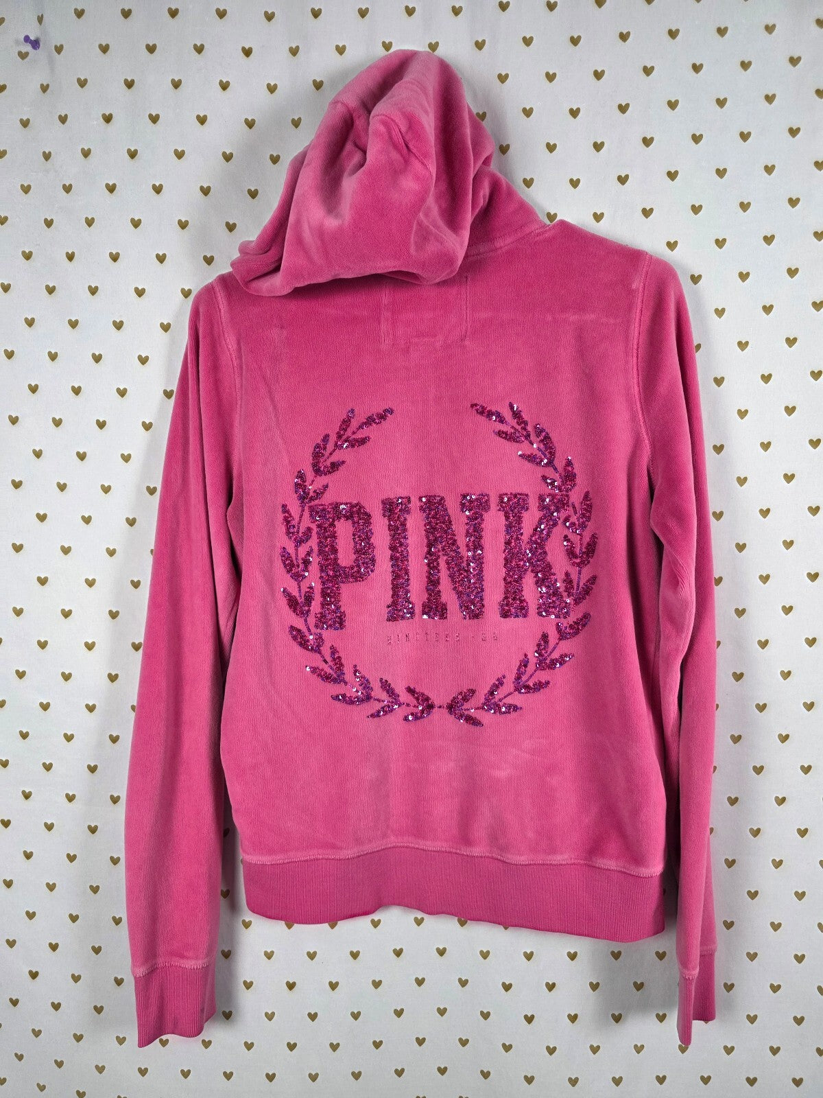 Victorias Secret Pink Velour Crest Bling Logo Full Zip Hoodie Jacket Medium