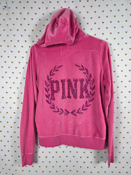 Victorias Secret Pink Velour Crest Bling Logo Full Zip Hoodie Jacket Medium