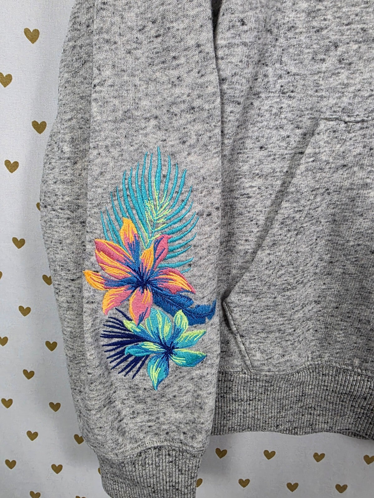 Victorias Secret Pink Embroidered Hibiscus Quarter Zip Grey Sweater SMALL