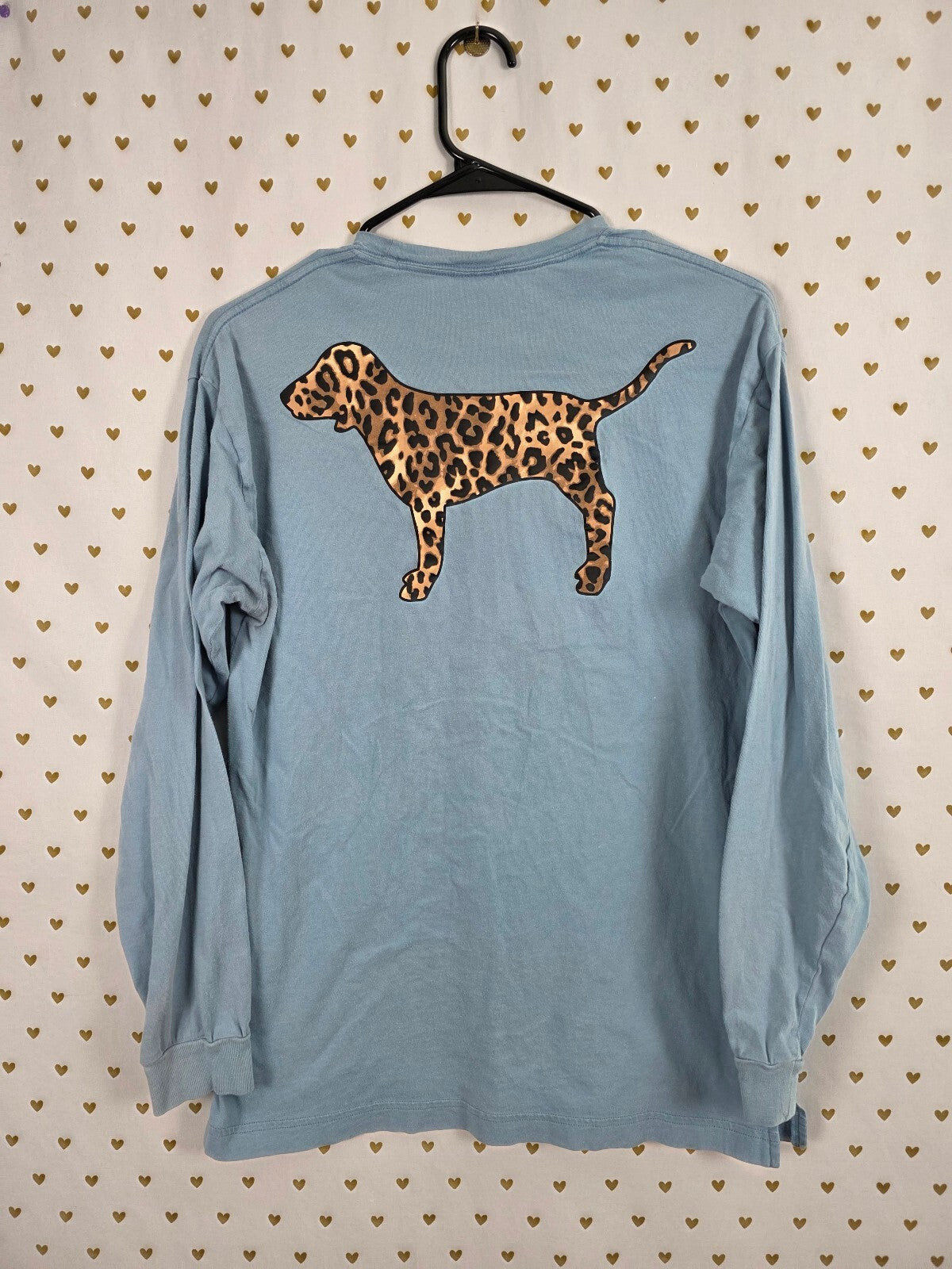 Victorias Secret PINK Blue Leopard Cheetah Dog Long sleeve Pocket Tee Small