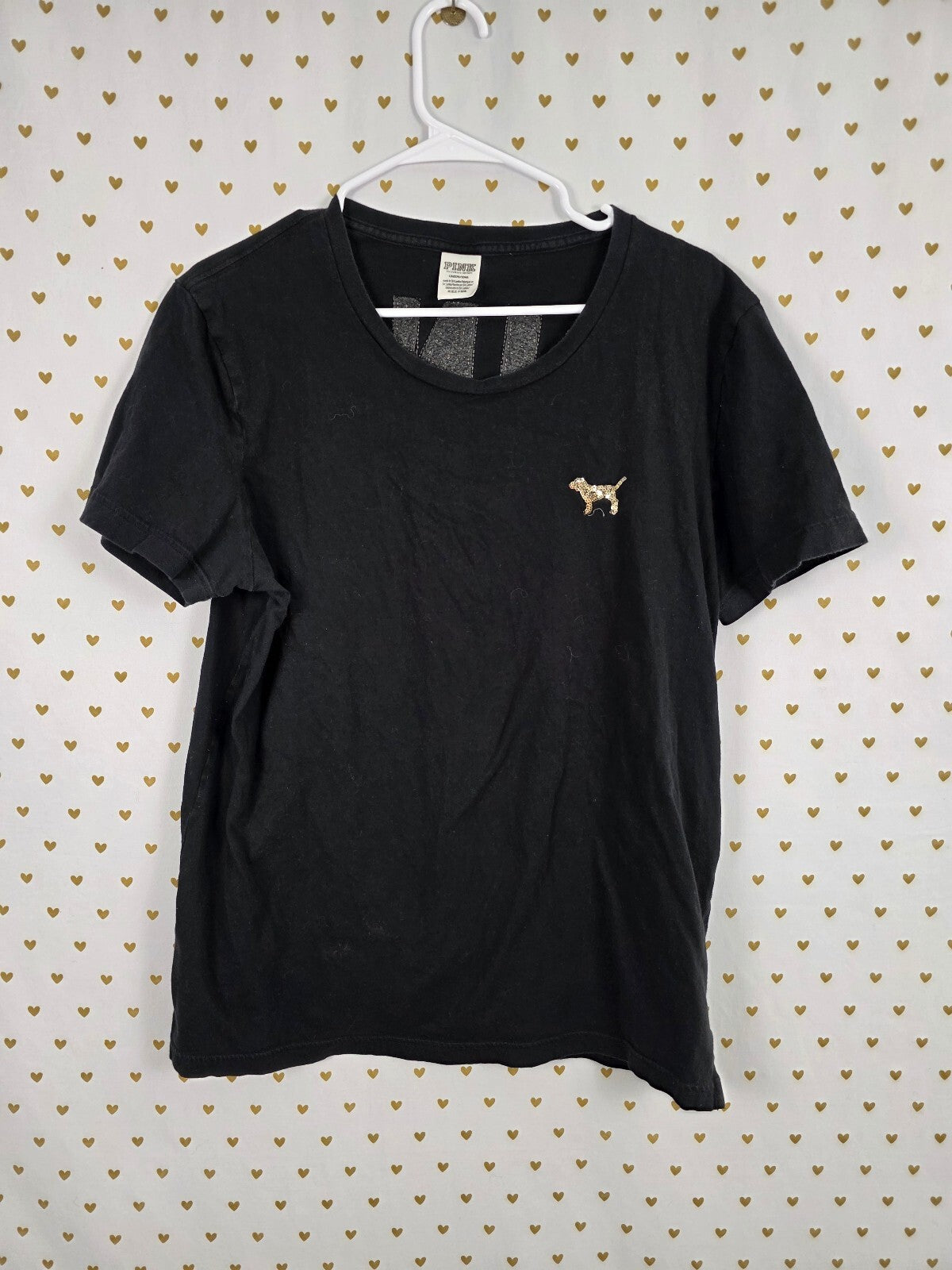 Victorias Secret PINK Gold Bling Sequined Crest tee shirt Large