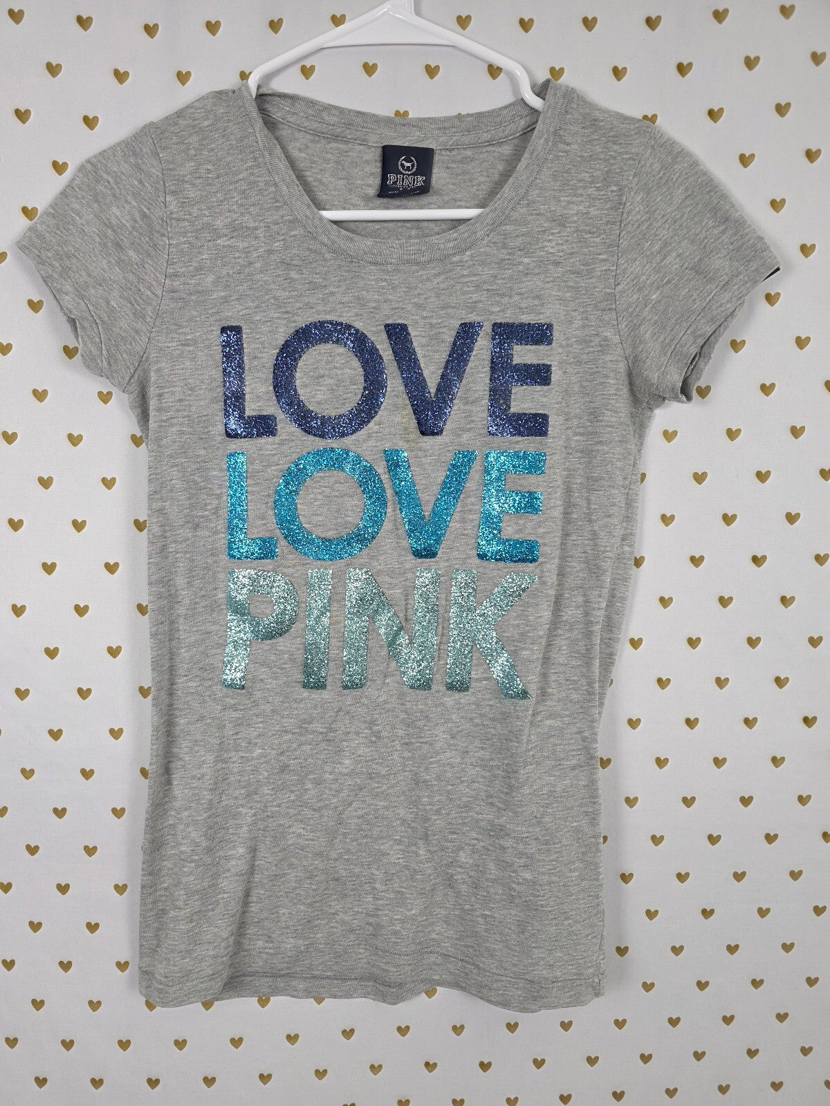 Victorias Secret PINK Vintage Glitter Logo Tee shirt Grey Y2k Small