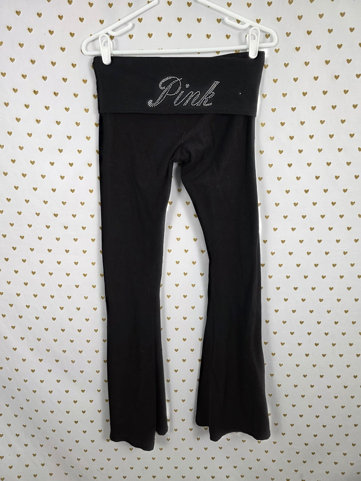 Victorias Secret PINK Bling Studded Logo Foldover Yoga Pants Flare Black Small