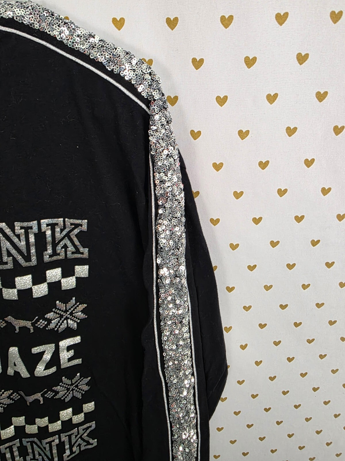 Victorias Secret PINK Holidaze Bling Long Sleeve Sequined Tee shirt Black Large