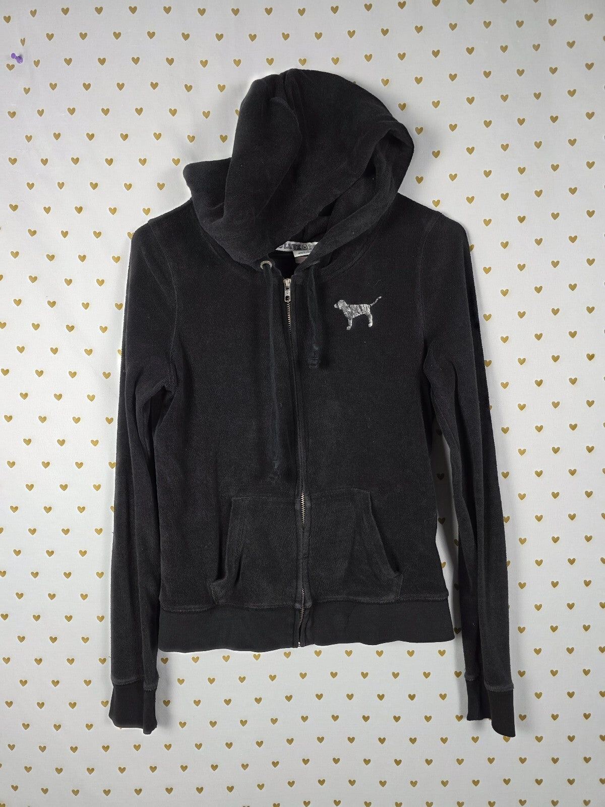 Victorias Secret Pink Vintage Y2K VELOUR Hooded Full Zip Black Jacket Sequin SM
