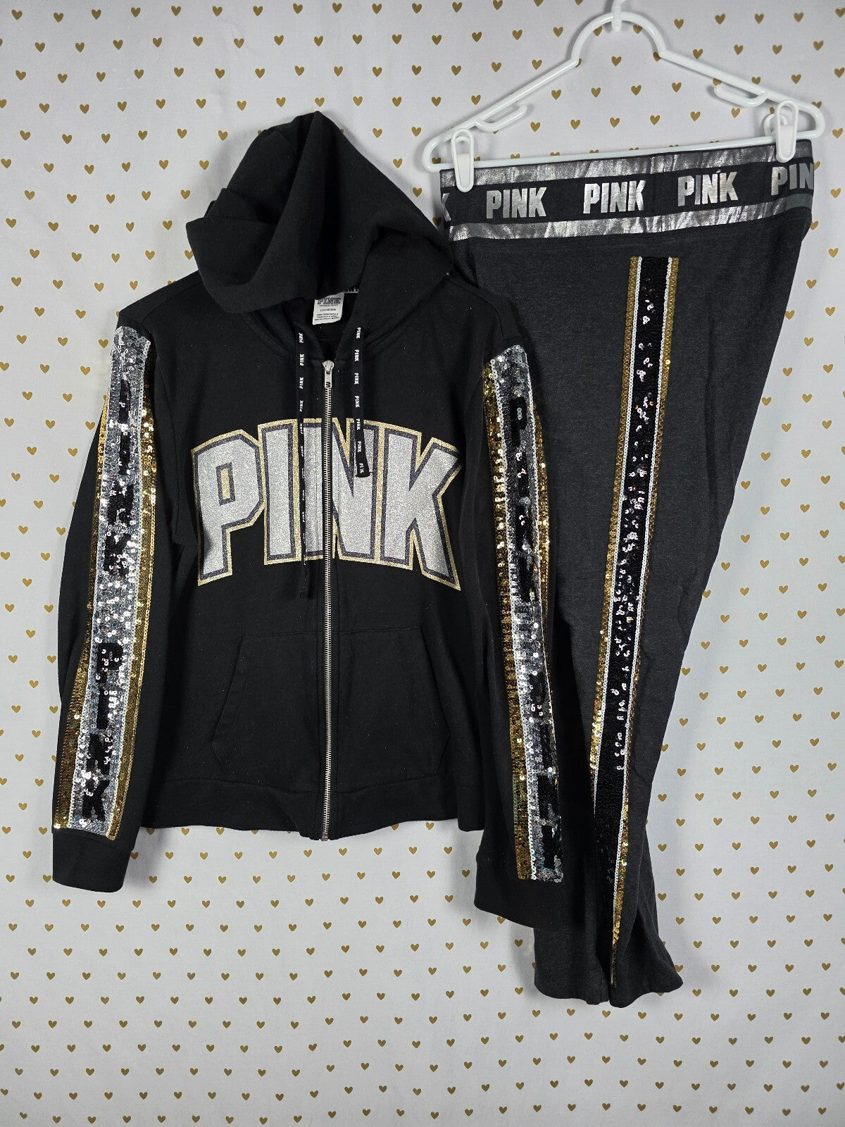 Victorias Secret Pink Bling sequined Hoodie Jacket Yoga Pants SET LARGE