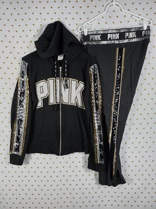 Victorias Secret Pink Bling sequined Hoodie Jacket Yoga Pants SET LARGE