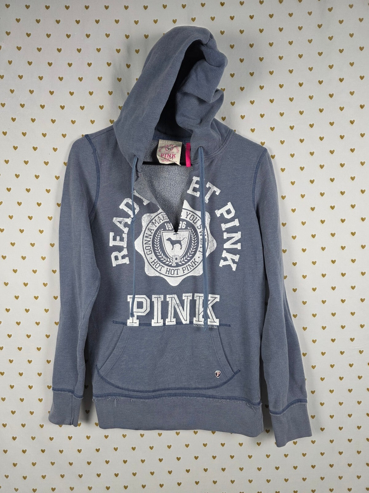 Victorias Secret Pink Vintage Ready Set PINK V neck Pullover Hoodie Sweater Med