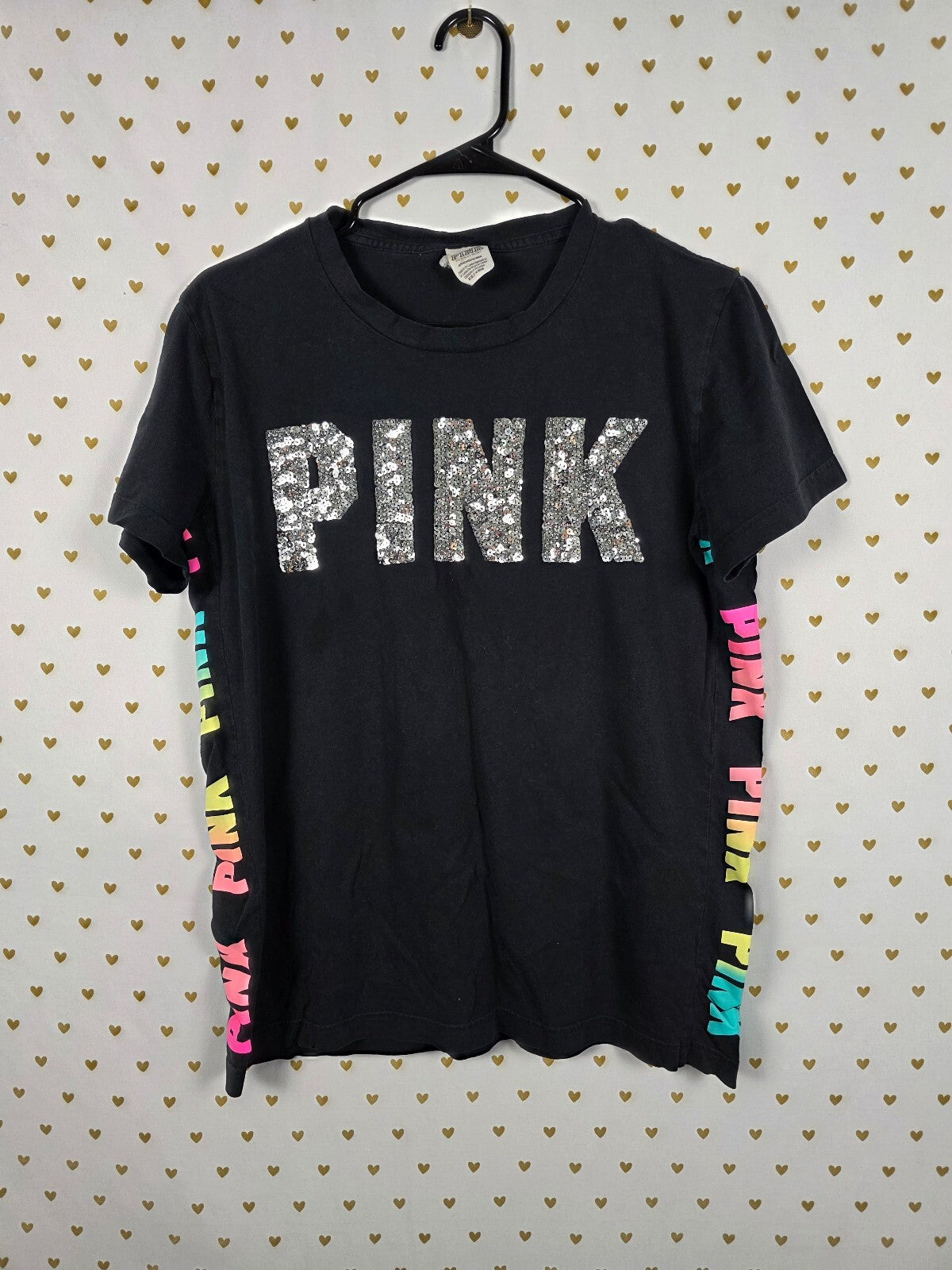 Victorias Secret PINK Rainbow Bling logo Black tee shirt Small