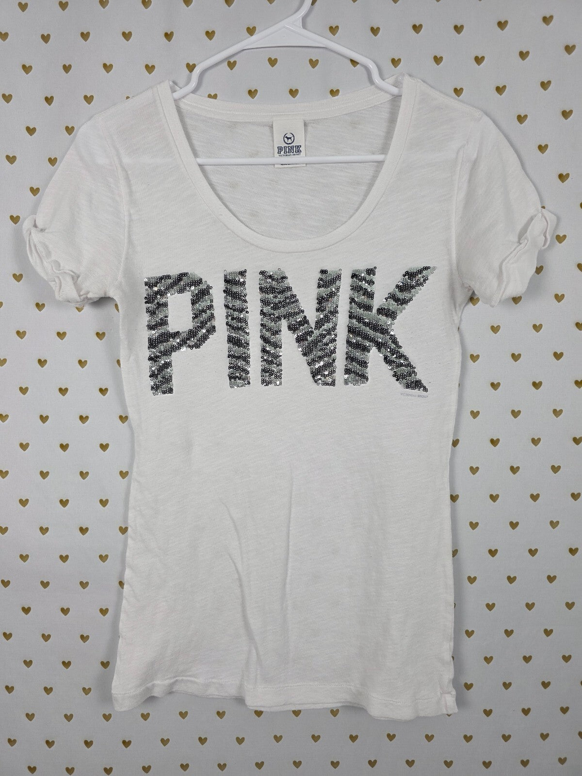 Victorias Secret PINK BLING Zebra Stripe Sequined Vintage Y2k Tee Shirt SMALL