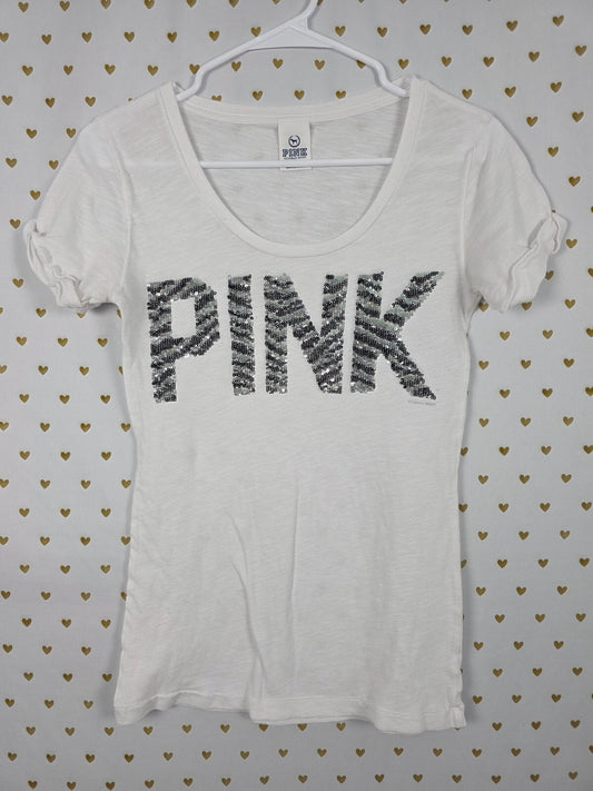 Victorias Secret PINK BLING Zebra Stripe Sequined Vintage Y2k Tee Shirt SMALL