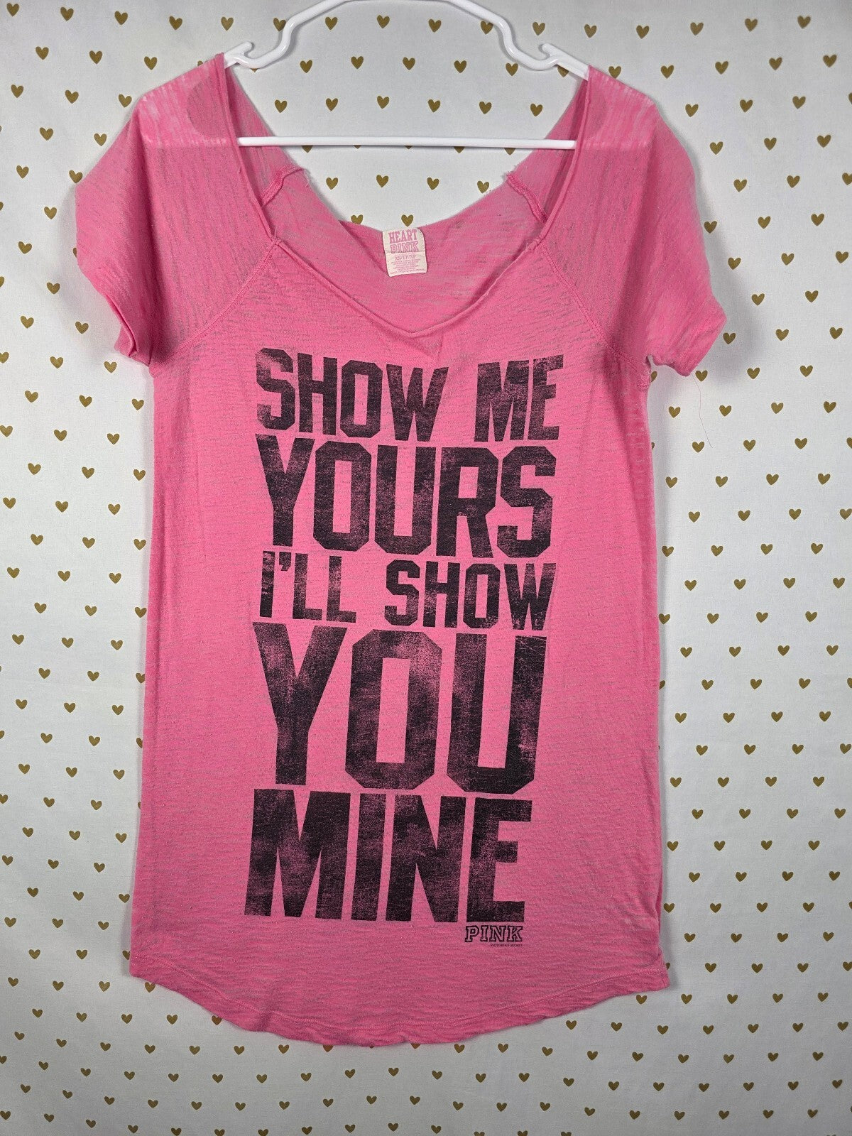 Vintage PINK Heart Pink Sleep Shirt Nightgown Show Me Yours I'll Show You Mine