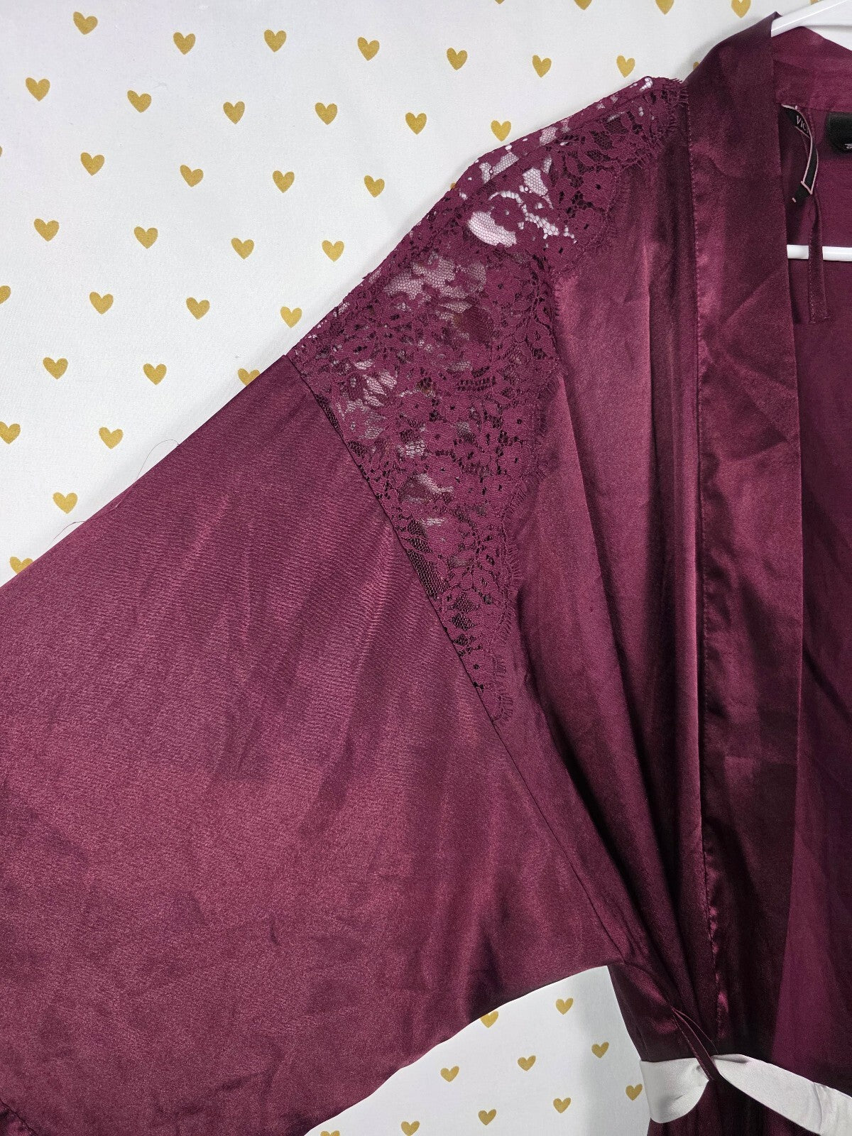 Victorias Secret Satin Silky Robe maroon Lounge Lace accent MEDIUM LARGE