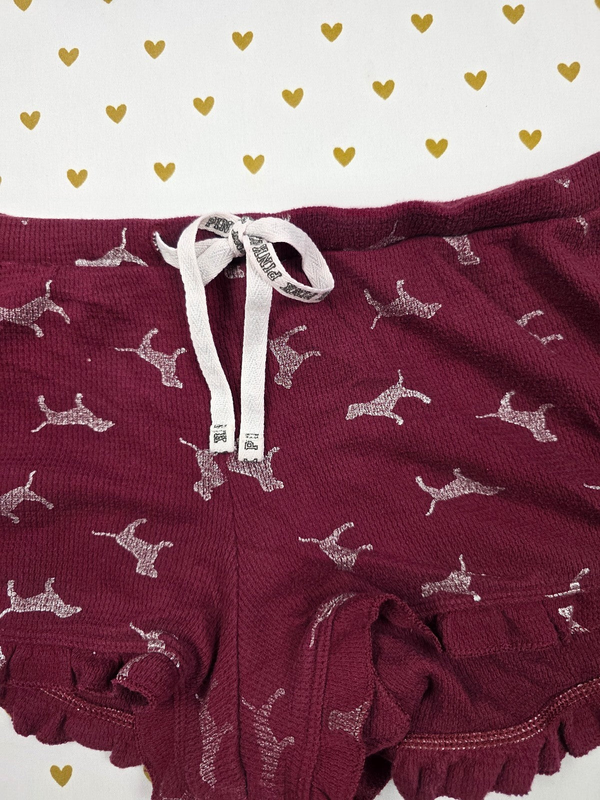 Victorias Secret PINK Ruffled Maroon DOGS Med Sleep Shorts Boxers Pajama Bottoms