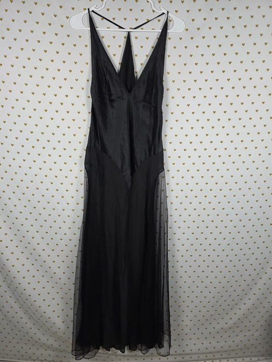 2003 Victoria's Secret 100% Silk Black Tulle Maxi Slip Gown L Y2K