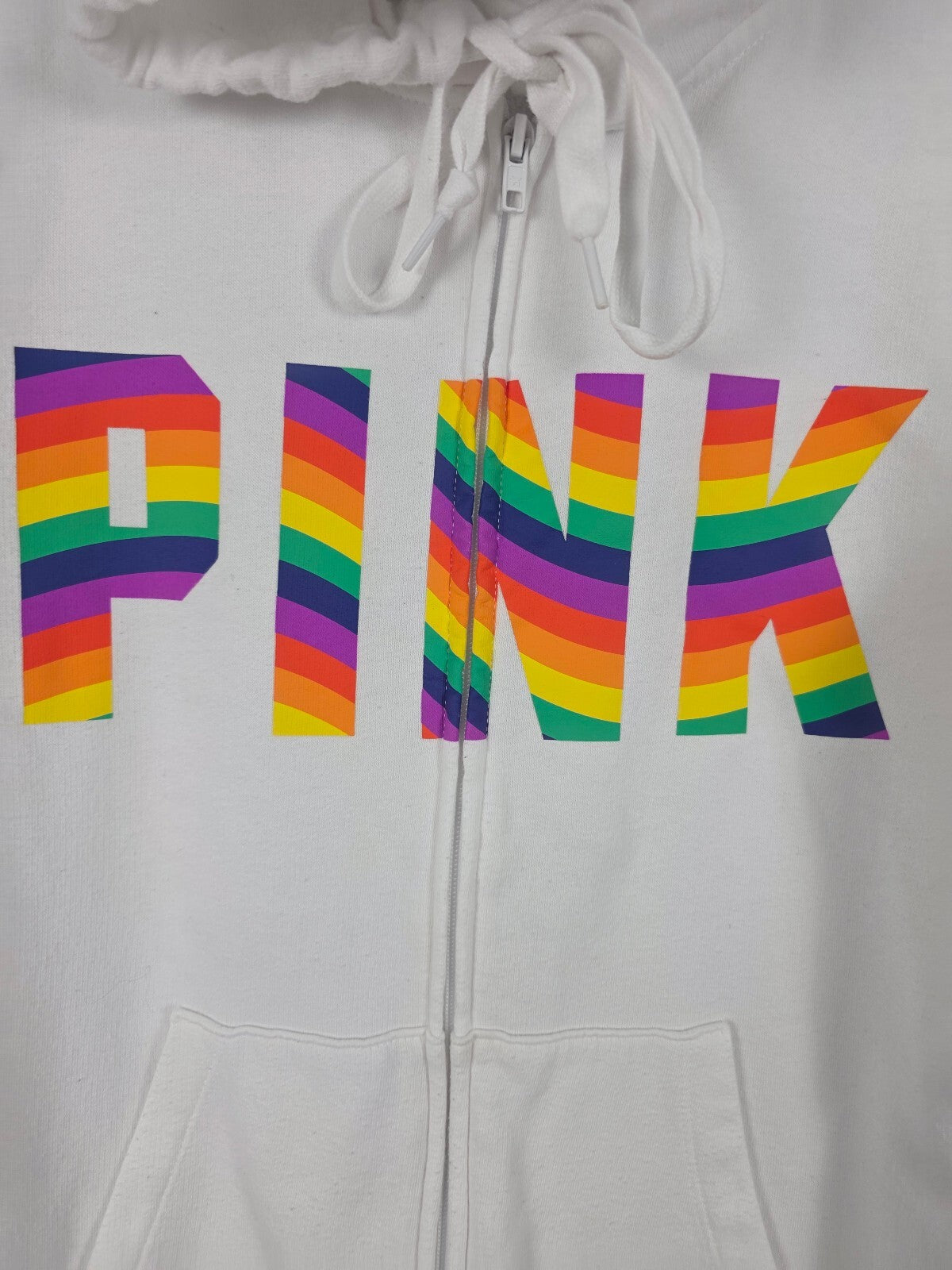 Victorias Secret Pink Rainbow Logo Full zip Hoodie Jacket White SMALL