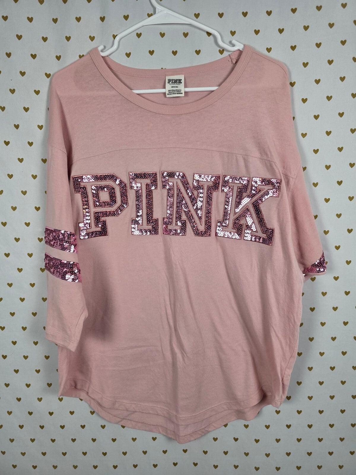 Victorias Secret PINK Bling Logo Sequined Quarter Sleeve Tee shirt Medium Oversz