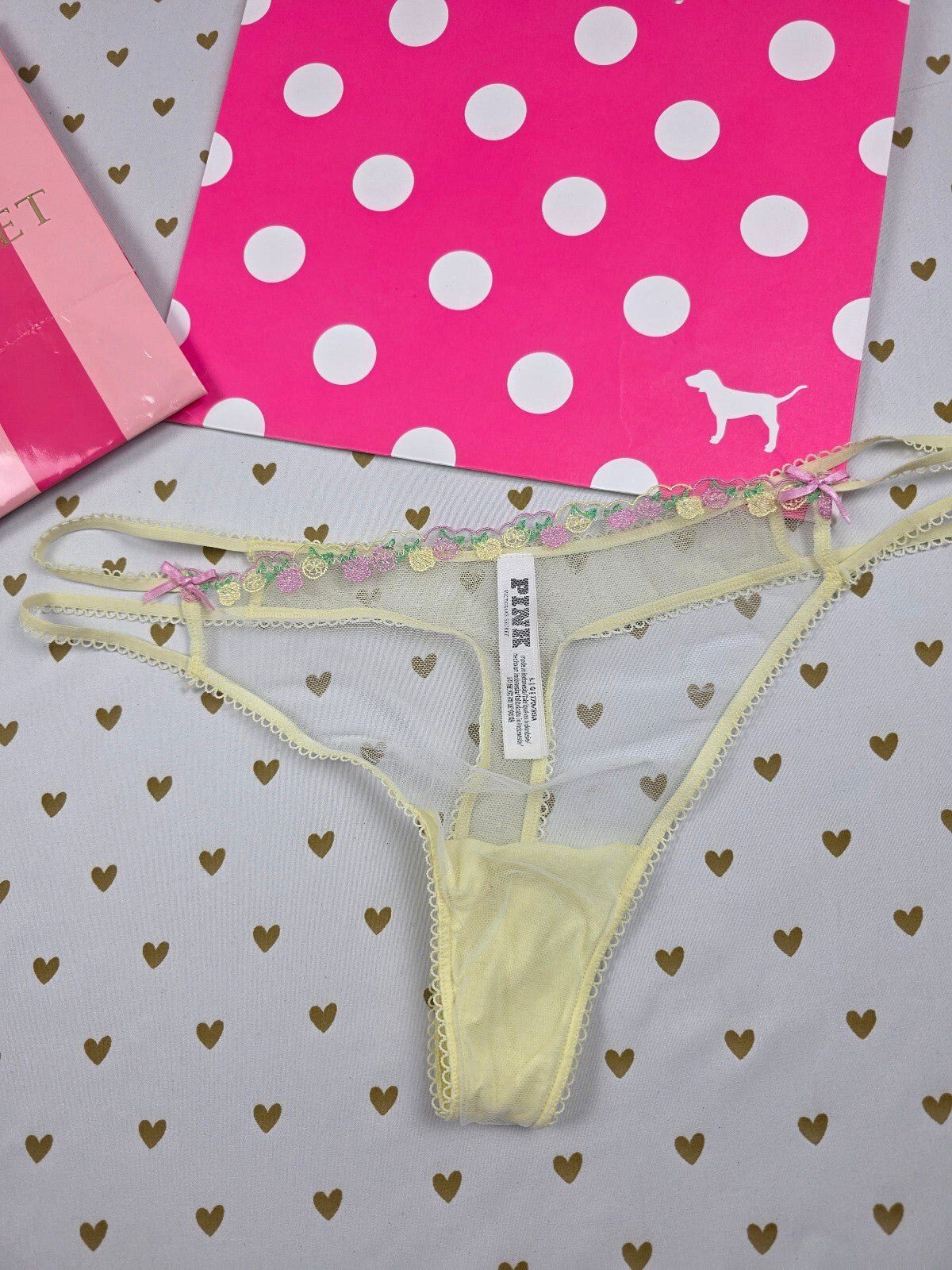 Victoria's Secret PINK Yellow Fruit Embroidered Mesh Bralette Thong Set L