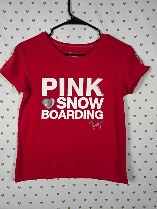 Victoria's Secret PINK Snowboarding Tee Shirt L Red Rhinestone Dog Ski Graphic