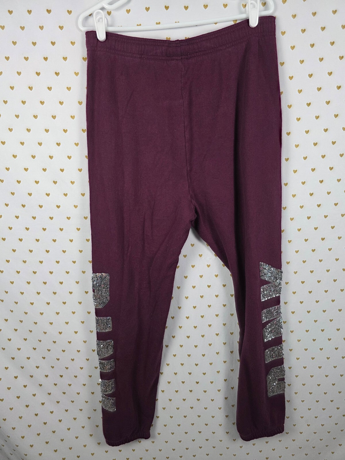 Victorias Secret PINK Maroon Mega Bling Logo Sweats Sweatpants Sequined Large