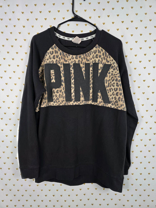Victorias Secret Pink Cheetah Leopard Logo Crew Sweater Shirt Oversized MEDIUM