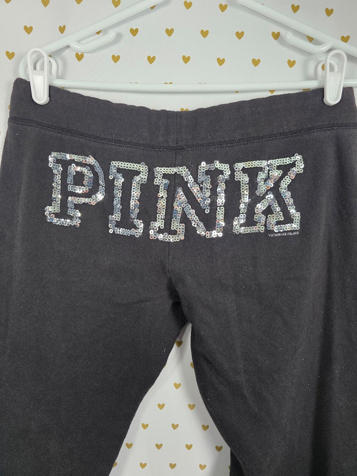 Victorias Secret PINK Vintage Y2k Black Bling Sequined Heart Sweats Sweatpants S