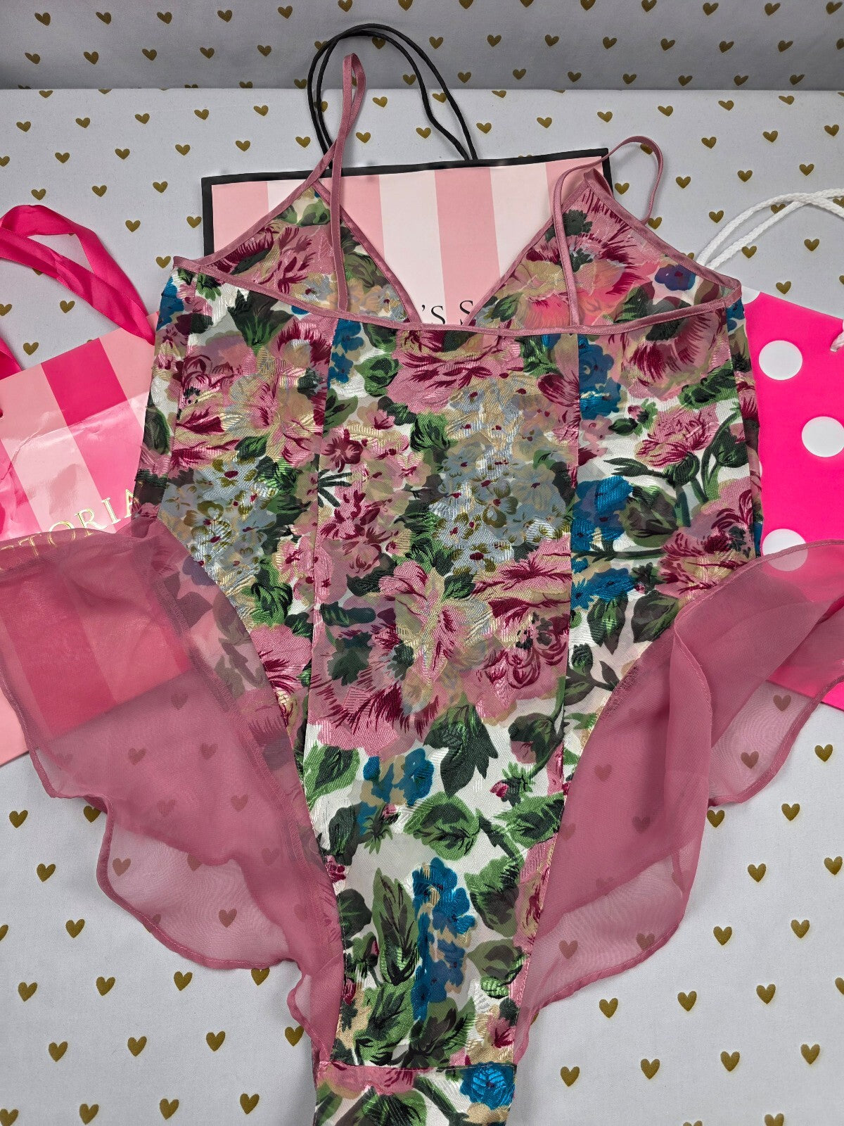 Vintage Victoria's Secret Floral Jacquard Teddy Bodysuit & Matching Robe Set