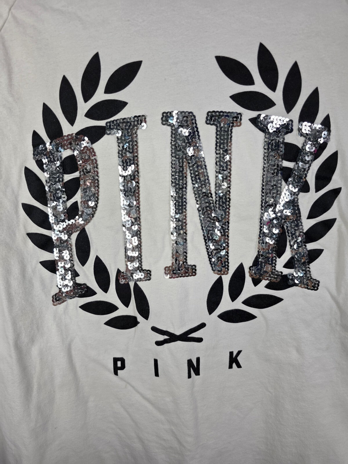 Victoria's Secret PINK Sequin Logo T Shirt Flip Rainbow Sequins White S