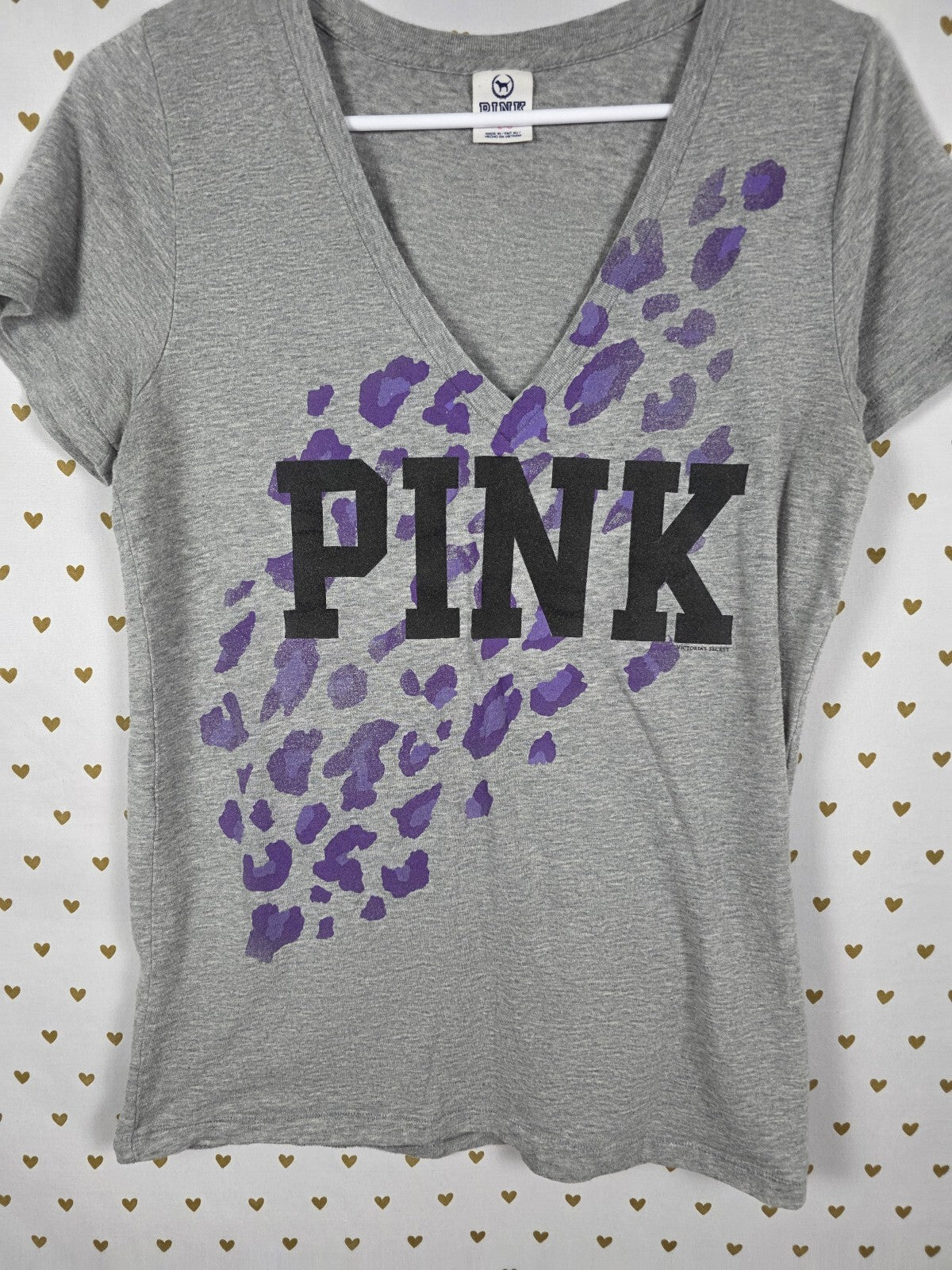 Victoria's Secret PINK Purple Leopard Cheetah V Neck Tee Shirt Large Gray