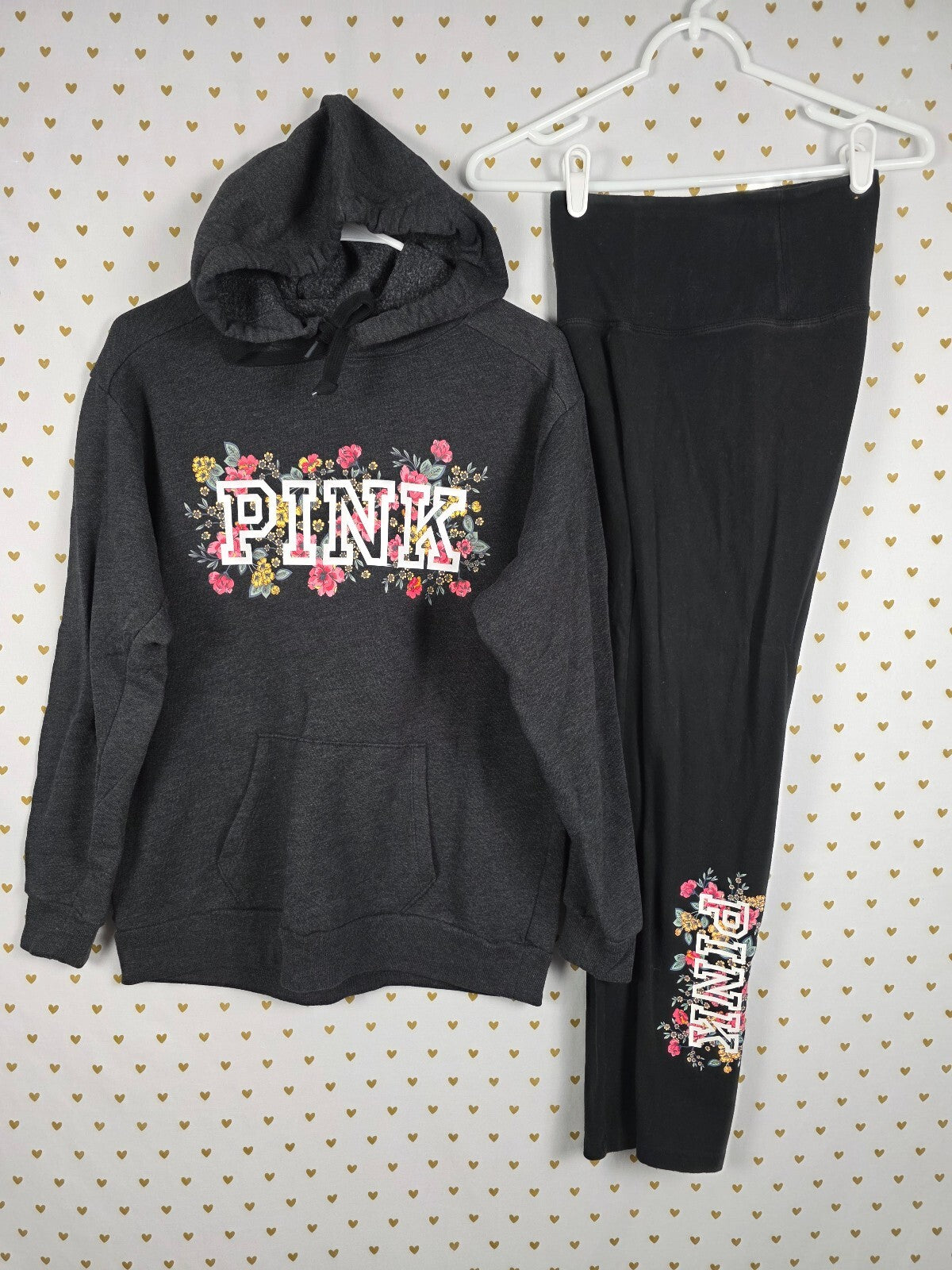 Victorias Secret Pink Floral Logo SET Hoodie Sweater Yoga Pants XS SMALL 2pc