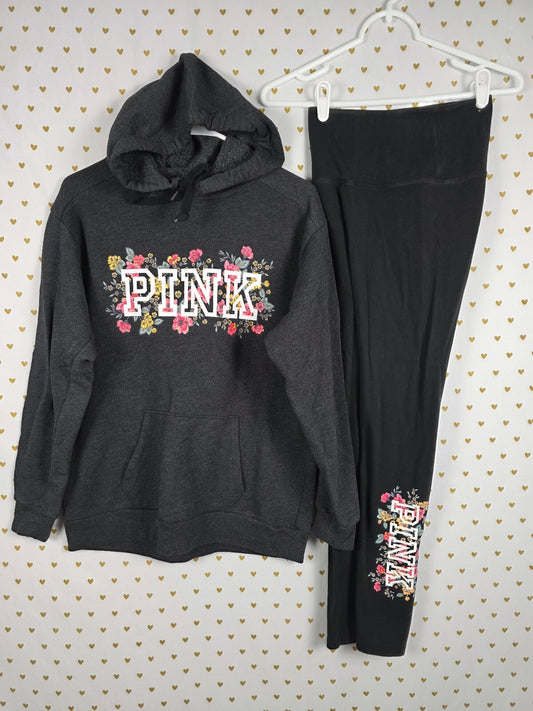 Victorias Secret Pink Floral Logo SET Hoodie Sweater Yoga Pants XS SMALL 2pc
