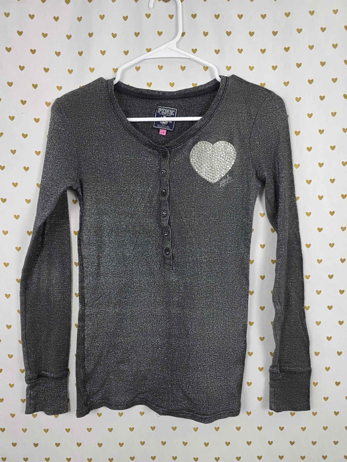 Vintage Victoria’s Secret PINK Metallic Rhinestone Heart Henley Top S/P BLING