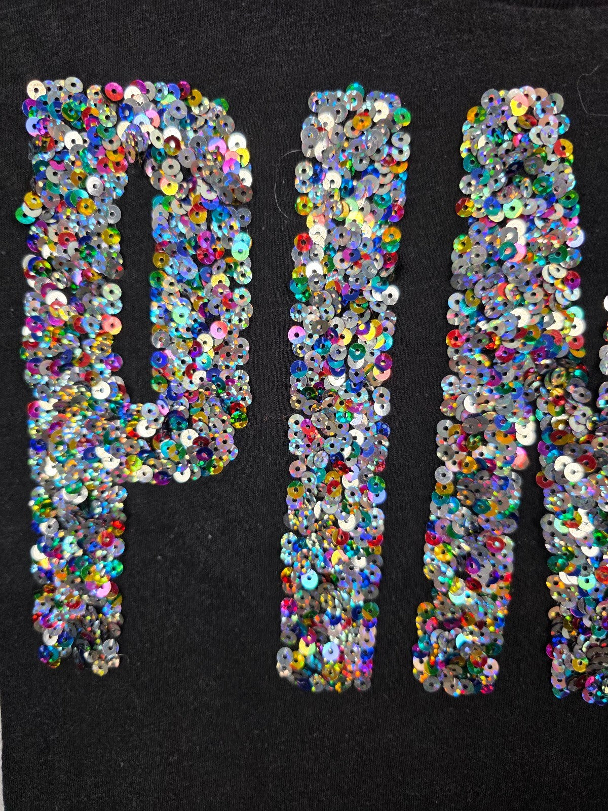 Victorias Secret PINK Black BLING Rainbow Sequined Tee shirt XS