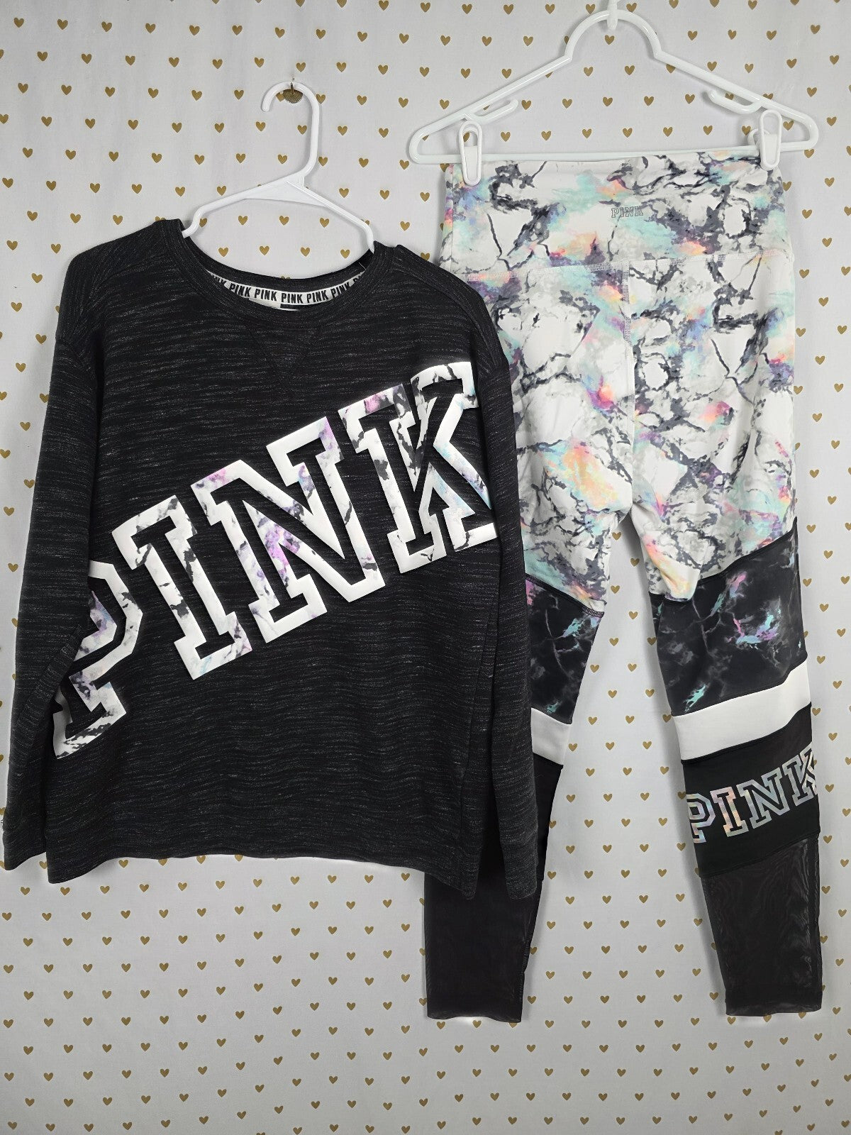 Victorias Secret Pink marbled logo sweater Set yoga pants Medium Outfit