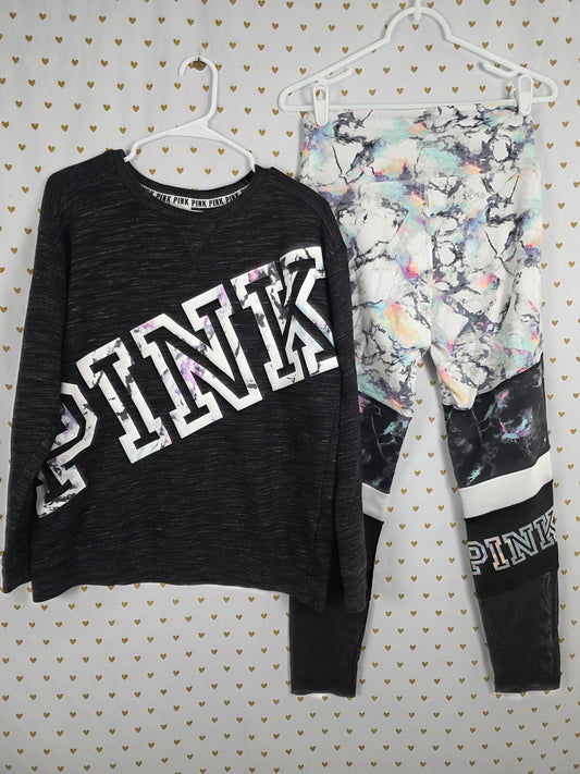Victorias Secret Pink marbled logo sweater Set yoga pants Medium Outfit