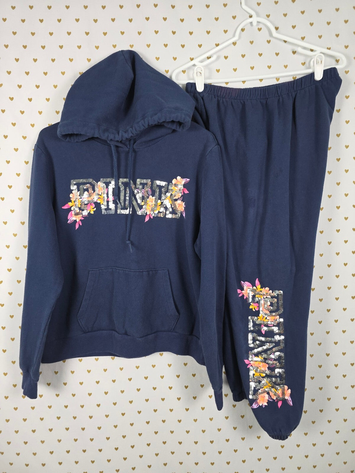 Victorias Secret Pink BLING Sequined Floral Sweater SET Hoodie Sweats MED L