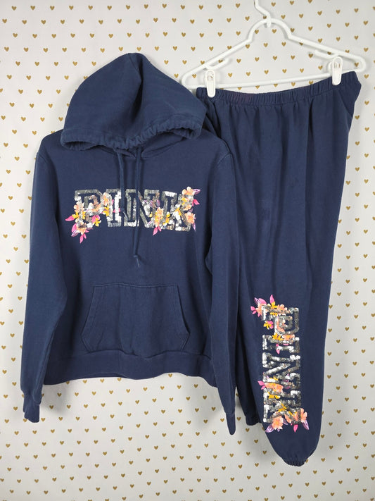 Victorias Secret Pink BLING Sequined Floral Sweater SET Hoodie Sweats MED L