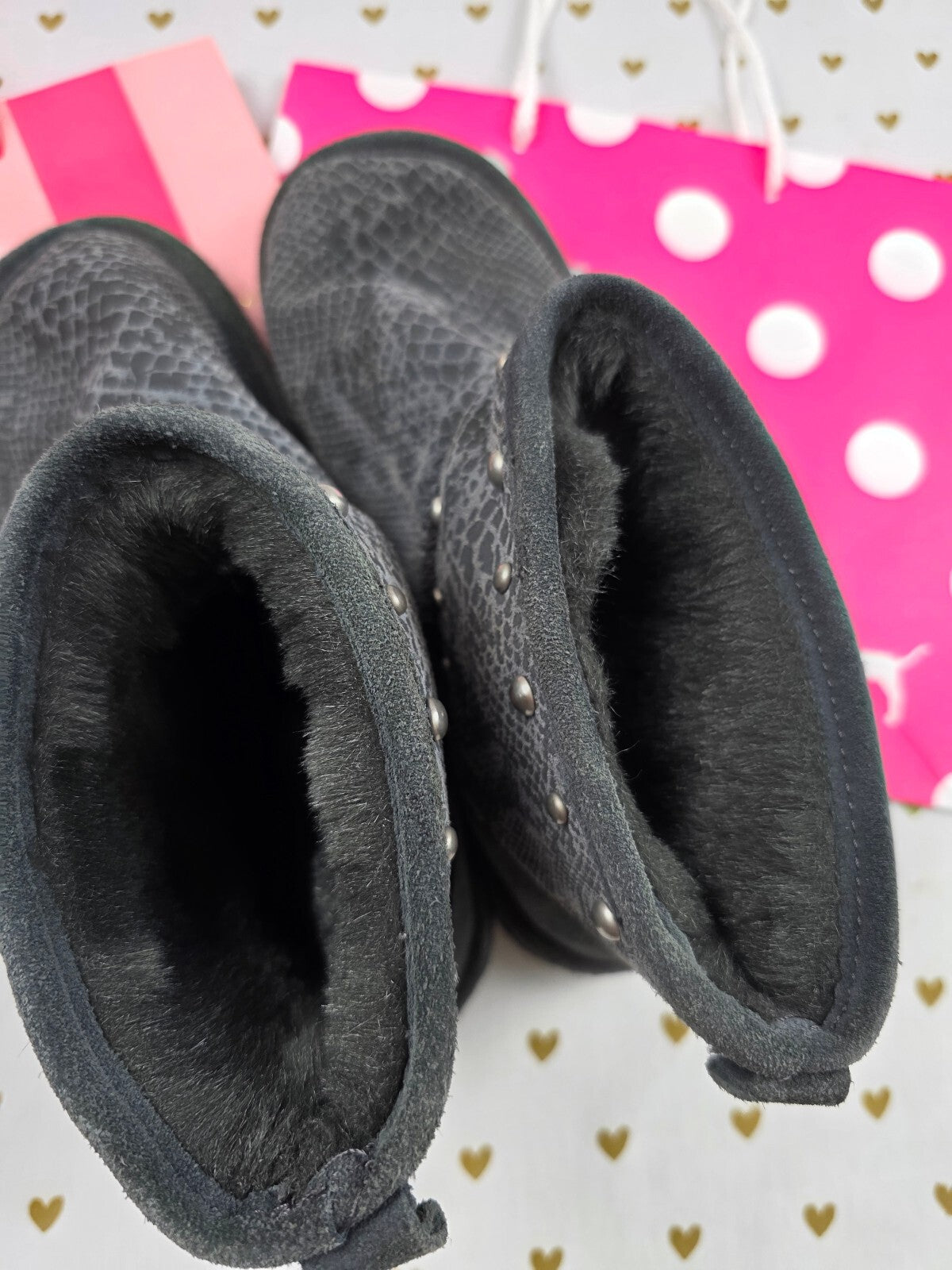 VS PINK Snakeskin Studded Faux Fur Mukluk Slipper Boots Black S 5 6 Rare
