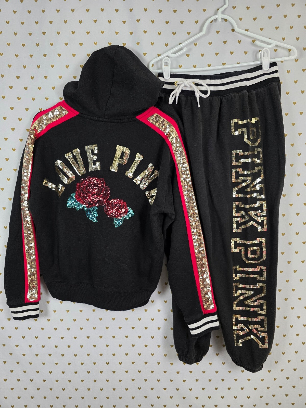 Victorias Secret Pink Rose Bling SET Hooded Sweater sequined Sweatpants Small