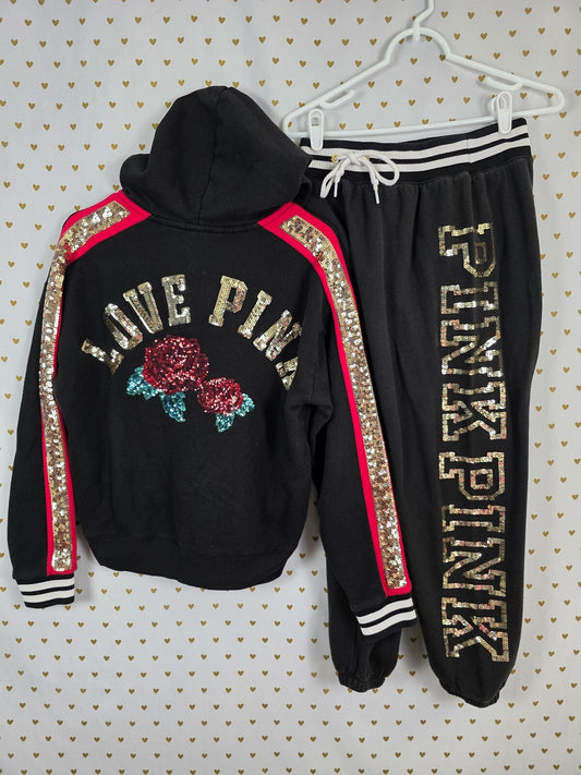 Victorias Secret Pink Rose Bling SET Hooded Sweater sequined Sweatpants Small
