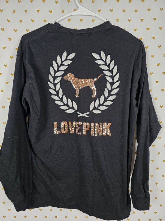 Victorias Secret PINK Gold Bling Crest Logo Dog SMALL Long Sleeve Tee Shirt