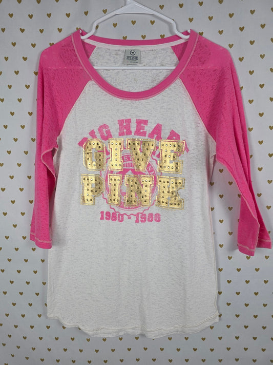 Victoria's Secret PINK 2009 Give Pink BLING Burnout Raglan Shirt Top L Gold