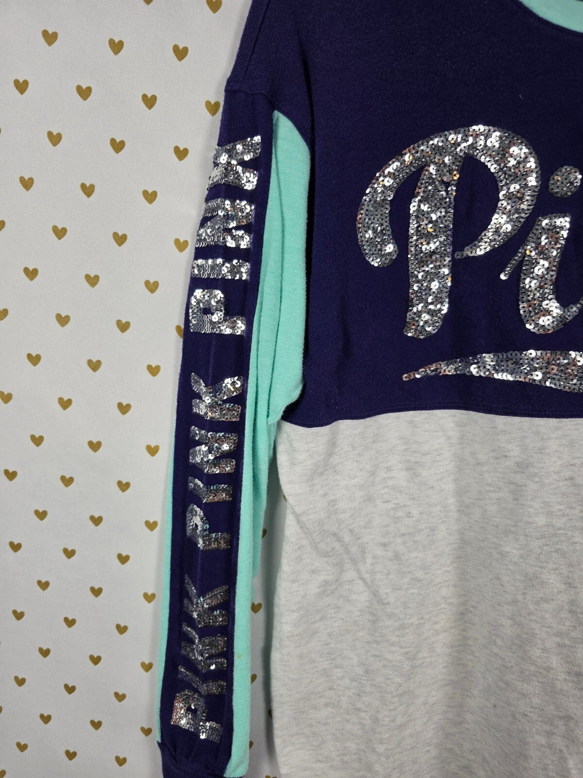 Victorias Secret PINK Bling Silver sequin Long sleeve Tee shirt Colorblock XS