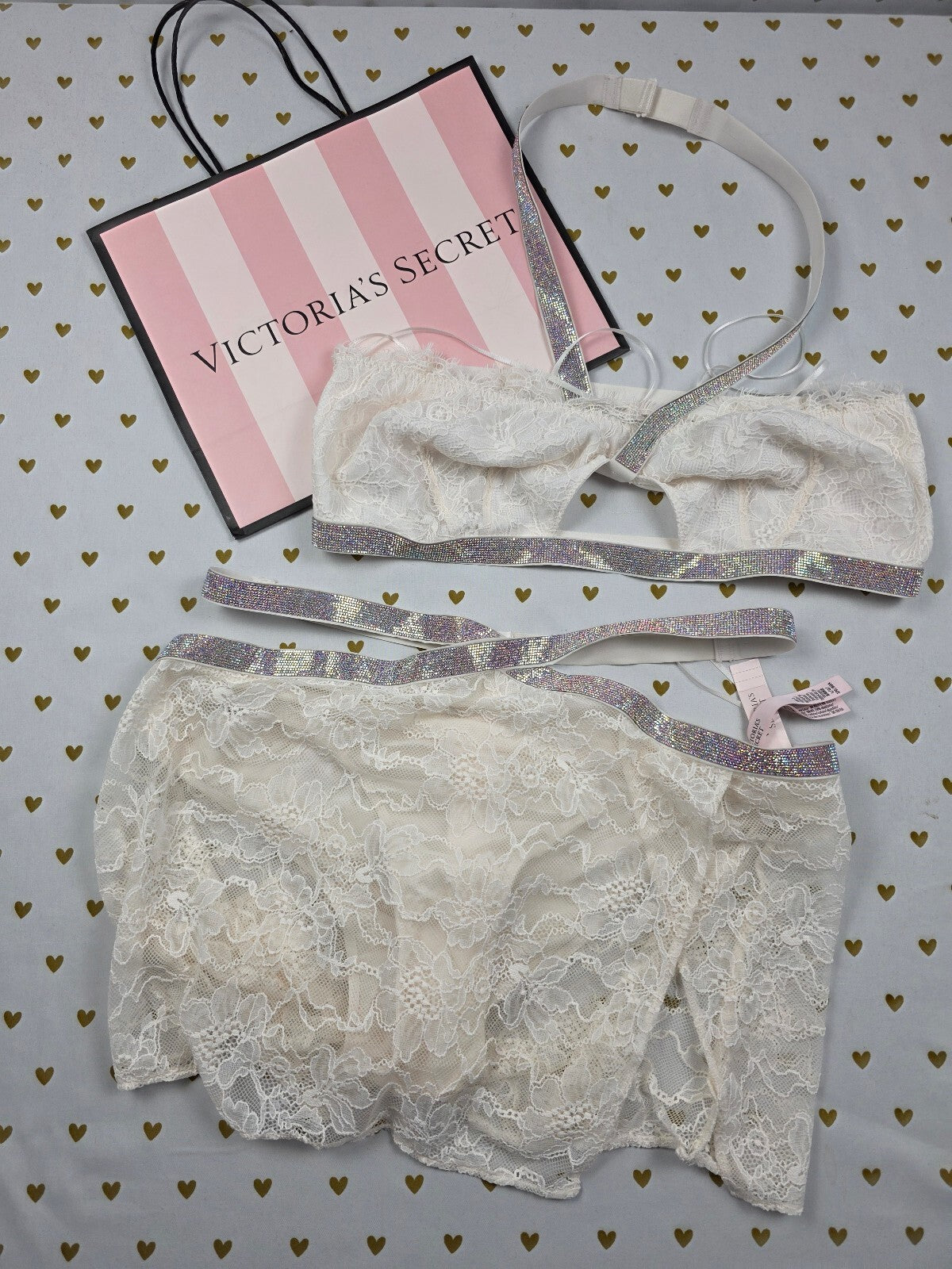 Victoria's Secret Shine Strap Lace Bralette Mini Skirt Set L Rhinestone BLING