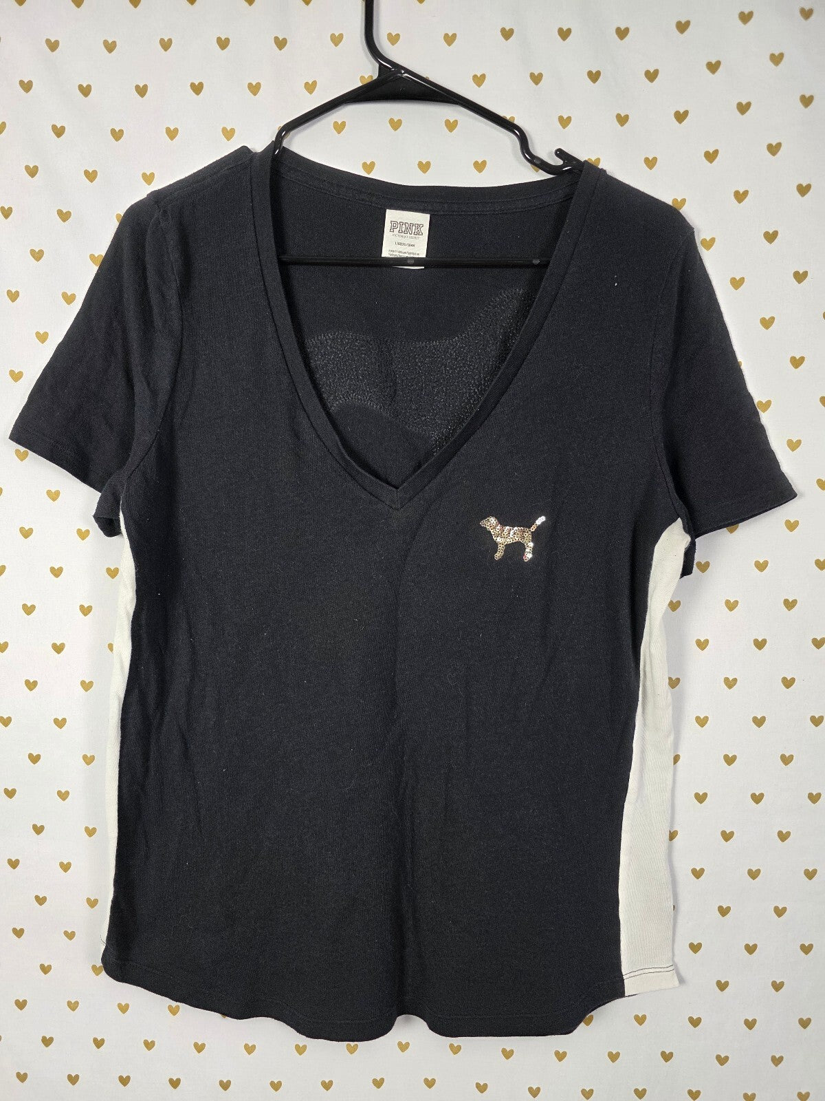Victorias Secret PINK Gold BLING Sequined V neck Tee shirt LARGE